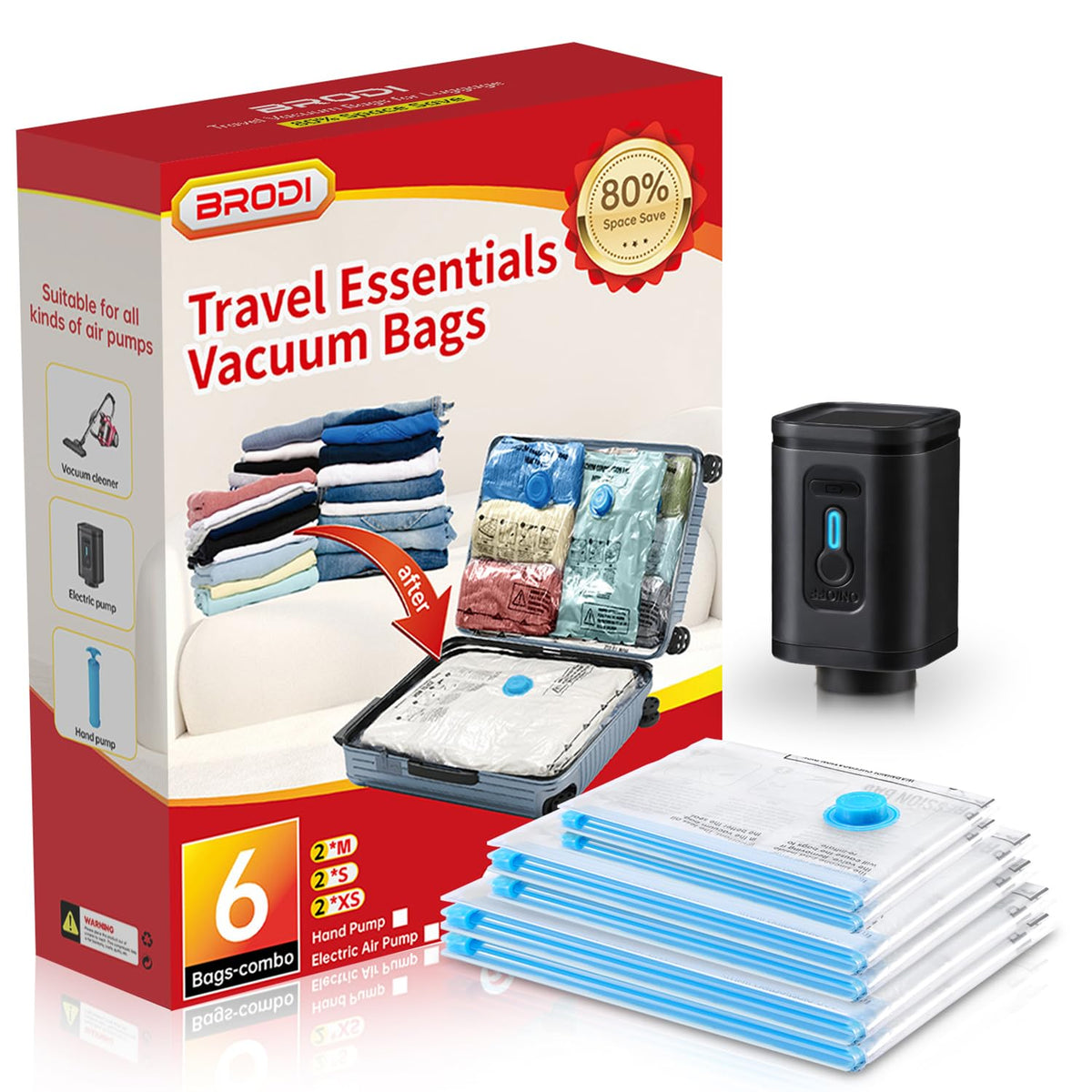 BRODI 18 Combo Pack Travel Vacuum Bags with Pump - Space Saver & Travel Essentials, Clothing & Luggage Vacuum Seal Bags