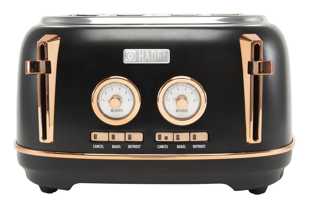 Haden Dorset 4 Slice Wide Slot Stainless Steel Toaster with Adjustable Browning Control & Non-Slip Feet, Black & Copper