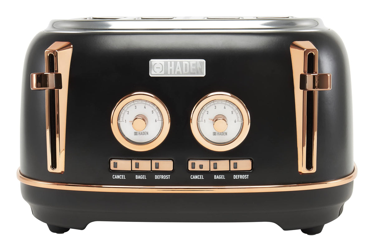 Haden Dorset 4 Slice Wide Slot Stainless Steel Toaster with Adjustable Browning Control & Non-Slip Feet, Black & Copper