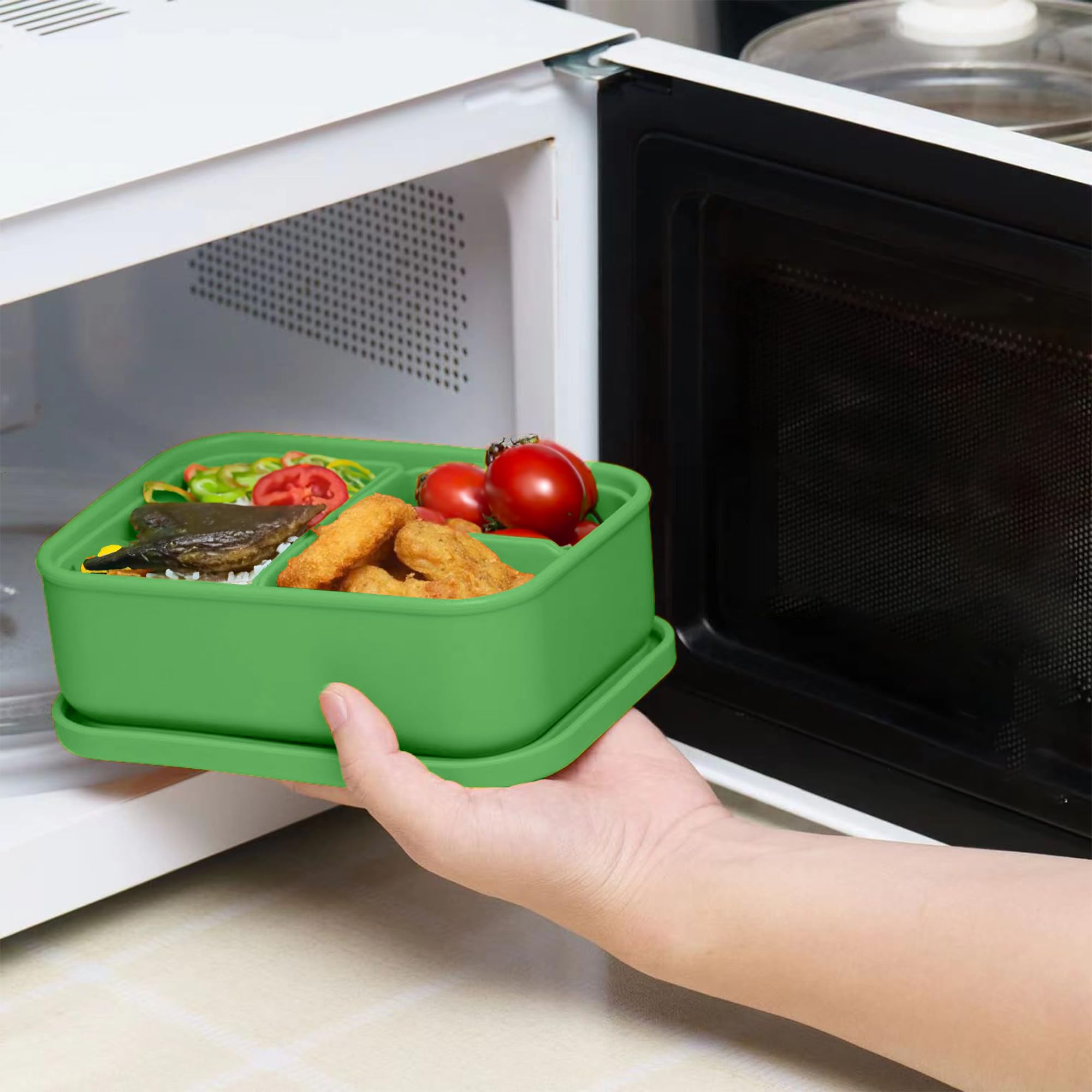 Versatyle Platinum Silicone Bento Lunch Box Set of 2 – 3 Compartments, Leakproof, Versatile, Durable, Microwave & Freezer Safe, Meal Prep, Food Storage for All Ages (Watermelon Green & Gold Honey)