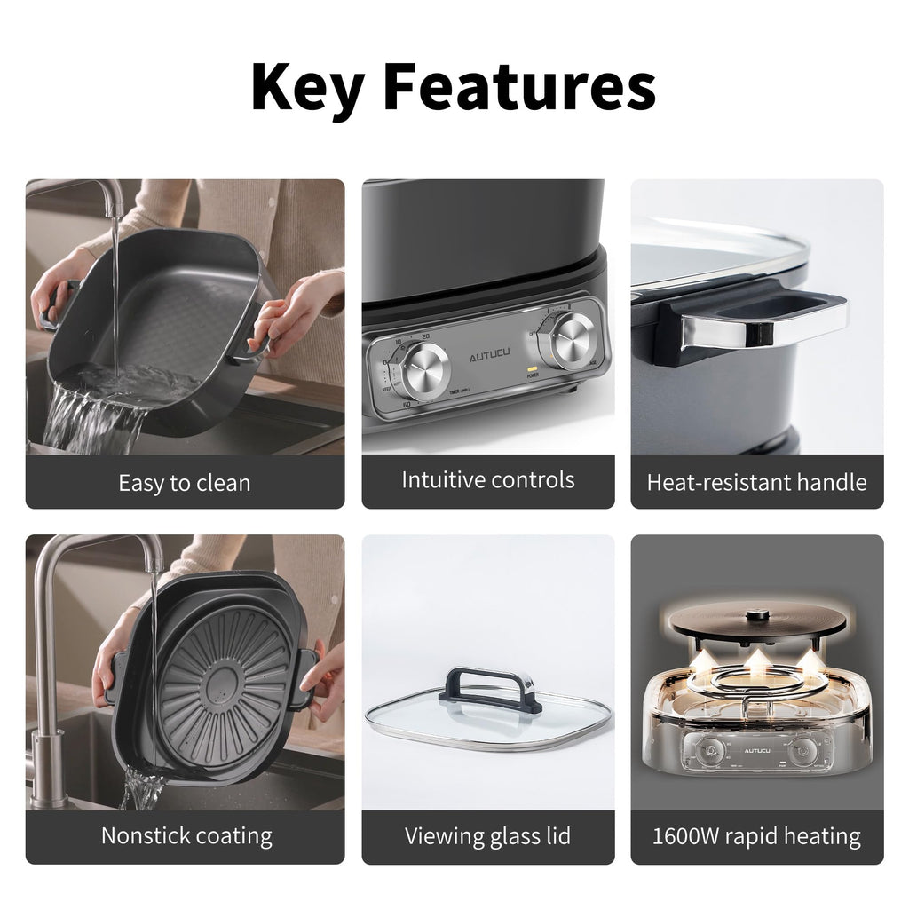 6-Quart Electric Skillet with Grill | Non-Stick PFOA-Free Ceramic-Coated Pot, 1600W, Timer & 3 Power Settings for Steak, Egg, Ramen (Includes Tongs) Pot & Grill