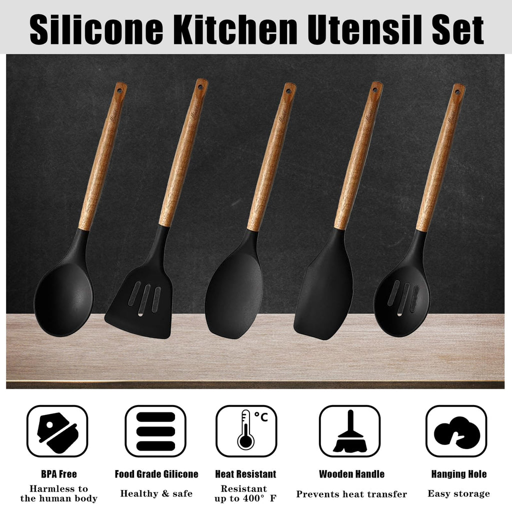 Kitchen Utensils Set, Silicone Cooking Utensils Set,Non-Stick Silicone Spatula Set with Natural Acacia Hard Wood Handle, 5 Piece, Upgraded Thickened Cookware