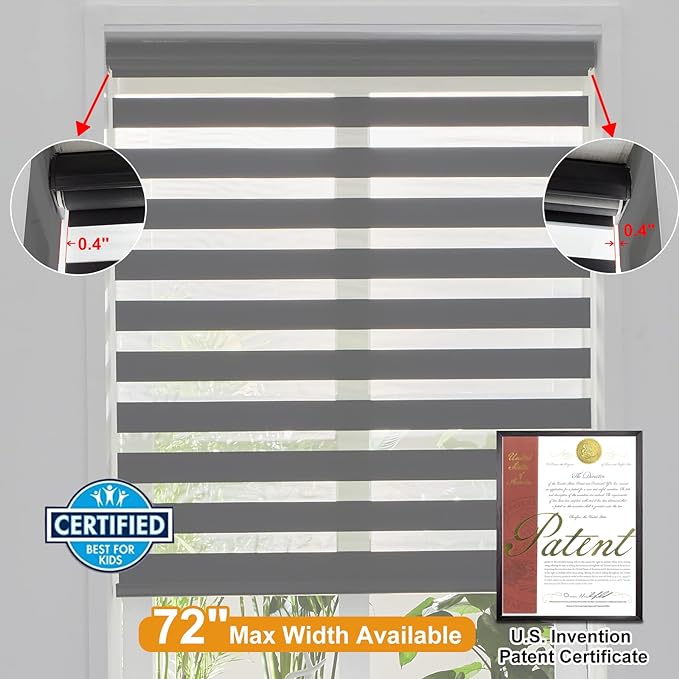 Persilux Cordless Zebra Blinds for Windows Free-Stop Window Shades (27" W X 72" H, Black) Dual Layer Light Control for Day and Night, Light Filtering Sheer Shades for Home, Easy to Install