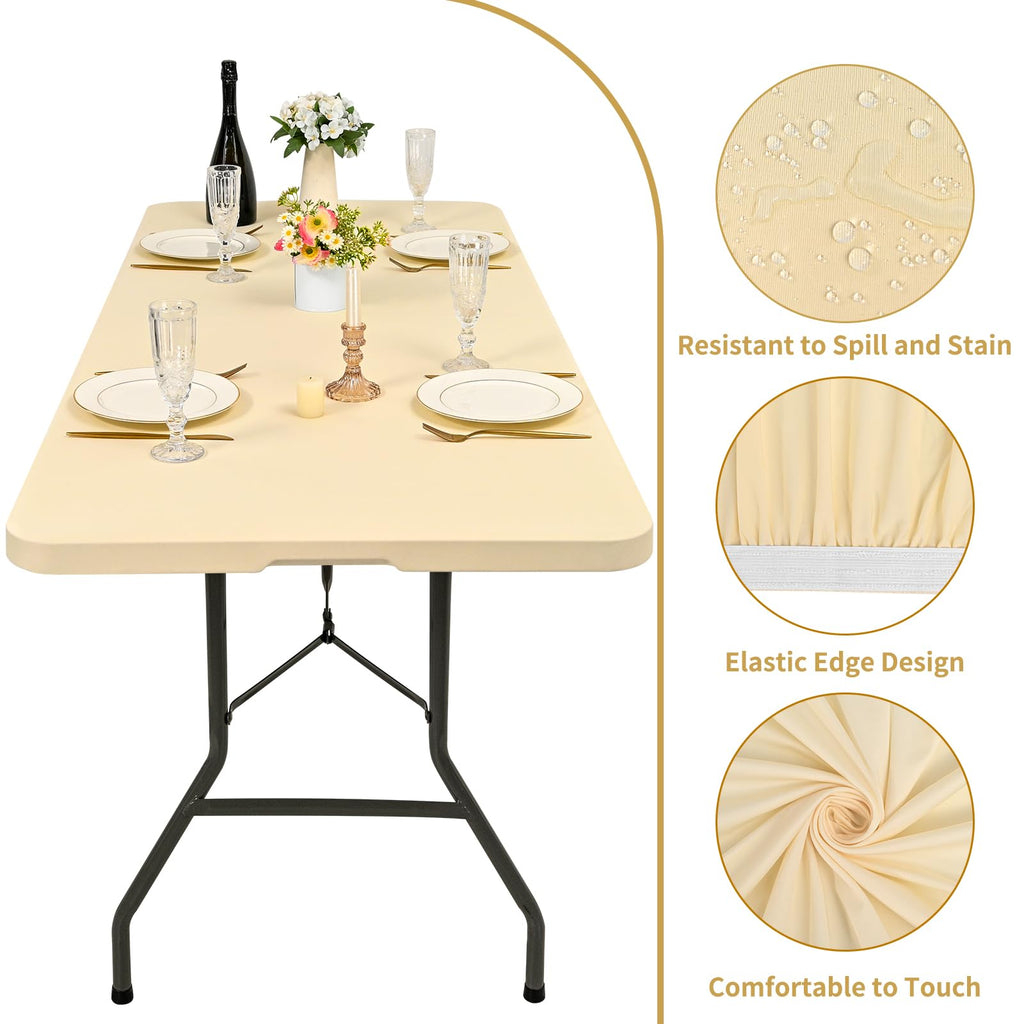 REWOMC 6 Pack Stretch Fabric Table Top Cap Cover, fits 8' Tables, Spandex Table Covers Washable Elastic Rectangle Tablecloth Protector for Indoor Outdoor Party Picnic Wedding, Beige, 30" W x 96" L