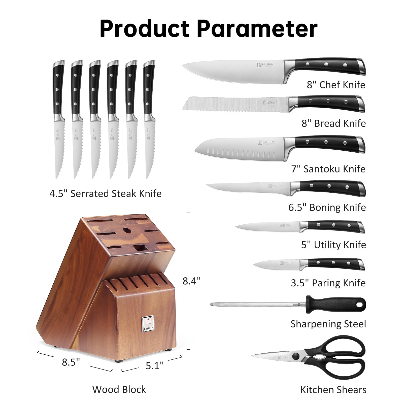 PAUDIN Knife Block Set, 15 Pieces Knife Set with Block, High Carbon Stainless Steel Kitchen Knife Set with Sharpener, Knives Set for Kitchen with Full Tang Triple Rivet Handle