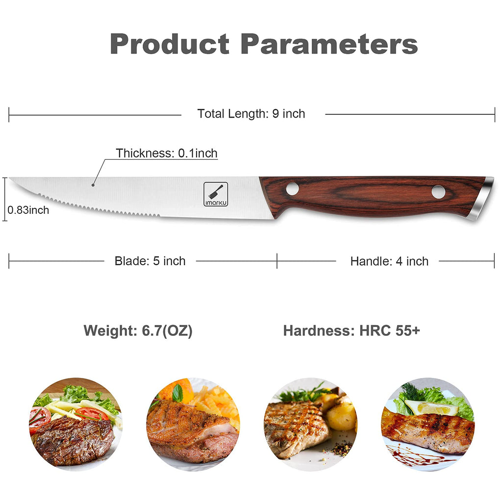imarku Steak Knives Set of 6, Japanese HC Steel, 5" Serrated, Gift Box