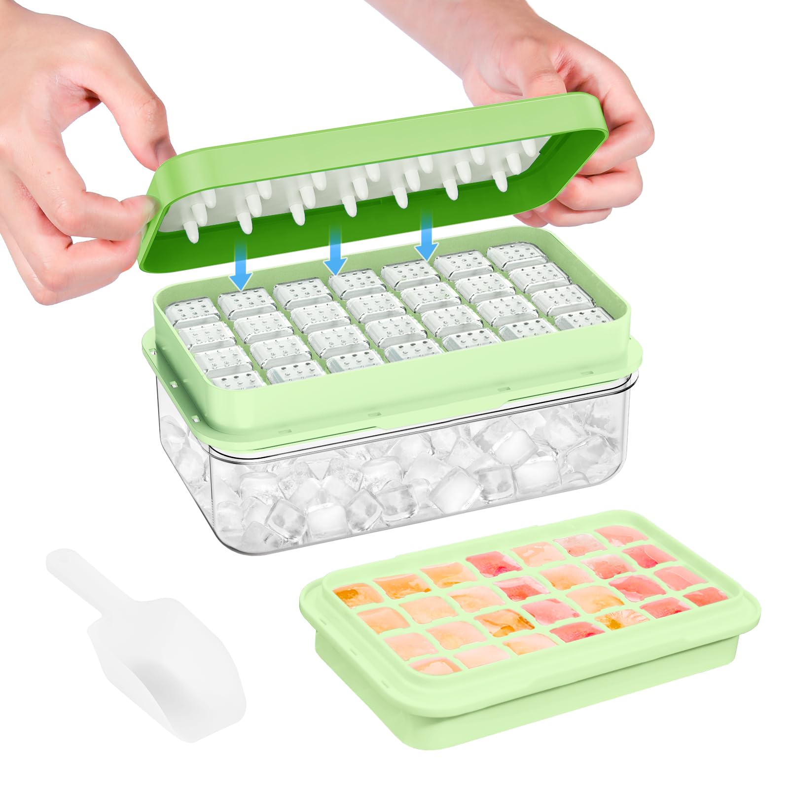 0.8“ Ice Cube Tray with Lid and Bin, PHINOX 28 Cubes Ice Trays for Freezer, Ice Cube Trays for Freezer with 1 tray, Container, Lid & Ice Scoop, BPA Free, Green(28Cubes/Tier)