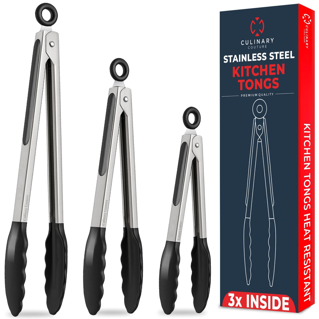 Kitchen Tongs - 12, 9 & 7 Inch Locking Silicone Tongs for Cooking, Set of 3