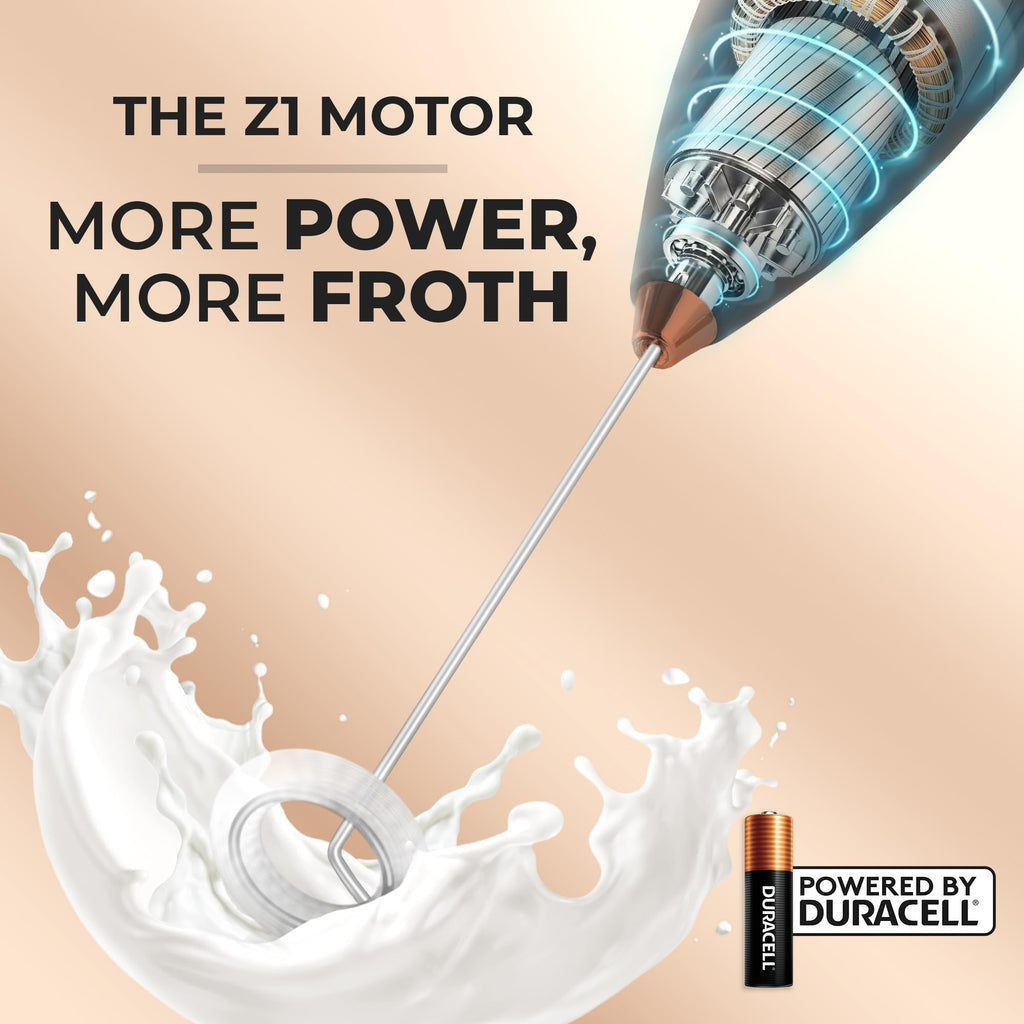 Zulay Kitchen Powerful Milk Frother Wand With Duracell Batteries - Ultra Fast Handheld Drink Mixer - Electric Whisk Foam Maker for Coffee, Lattes, Cappuccino & Matcha - Z1 Motor - Black & Copper