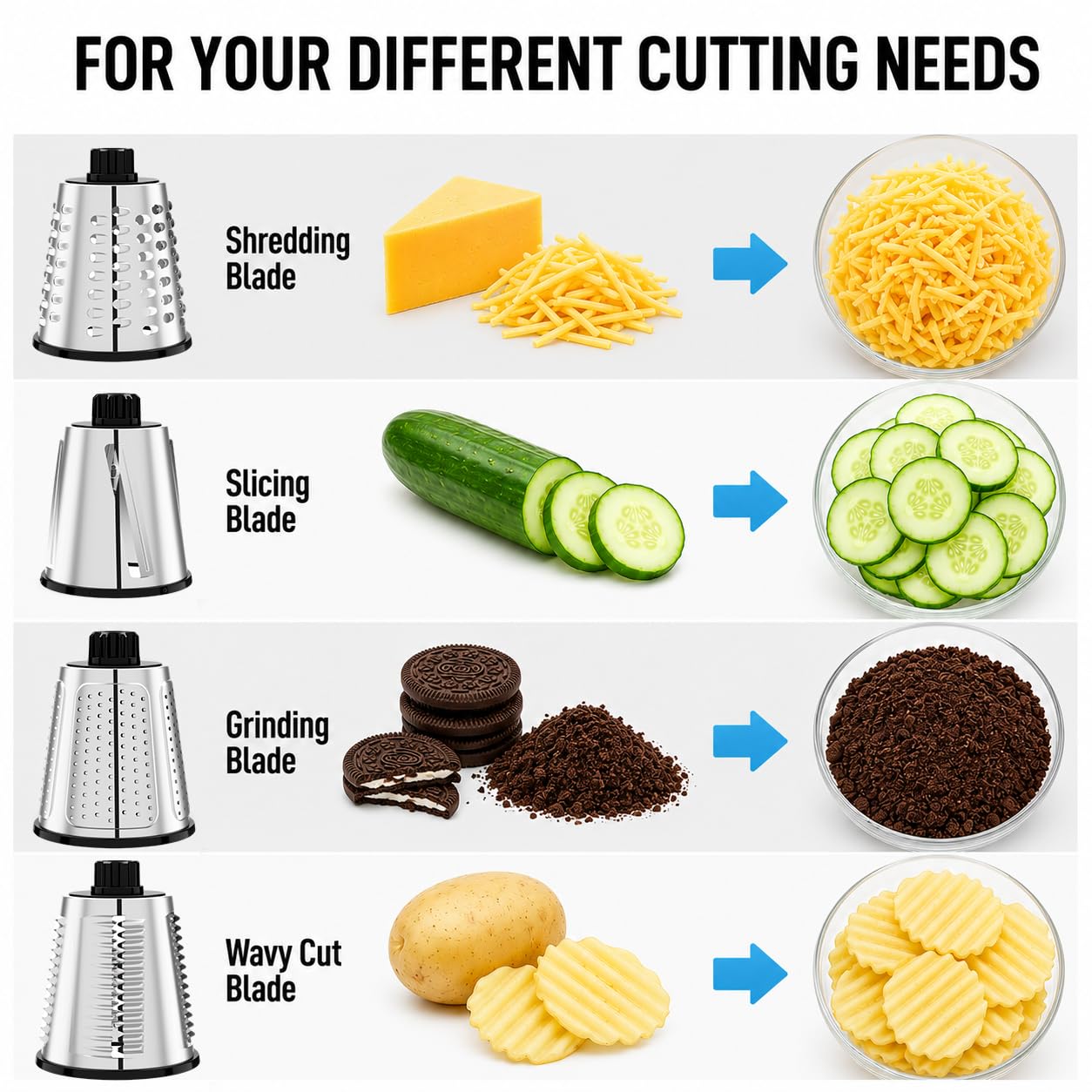 VEKAYA Rotary Cheese Grater Hand Crank, 4 blades Cheese Shredder (Black)