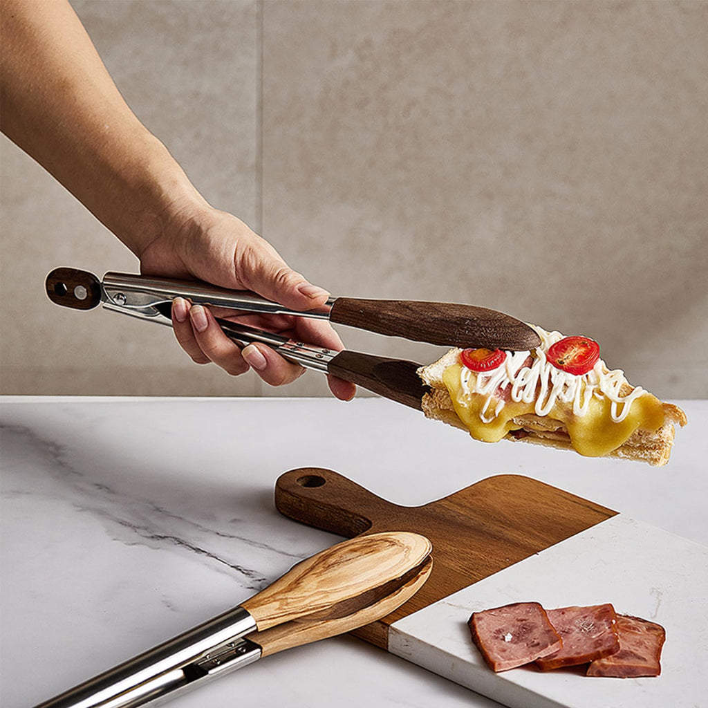 Wooden Tongs for Cooking with Walnut Tips, Serving & Salad Tongs