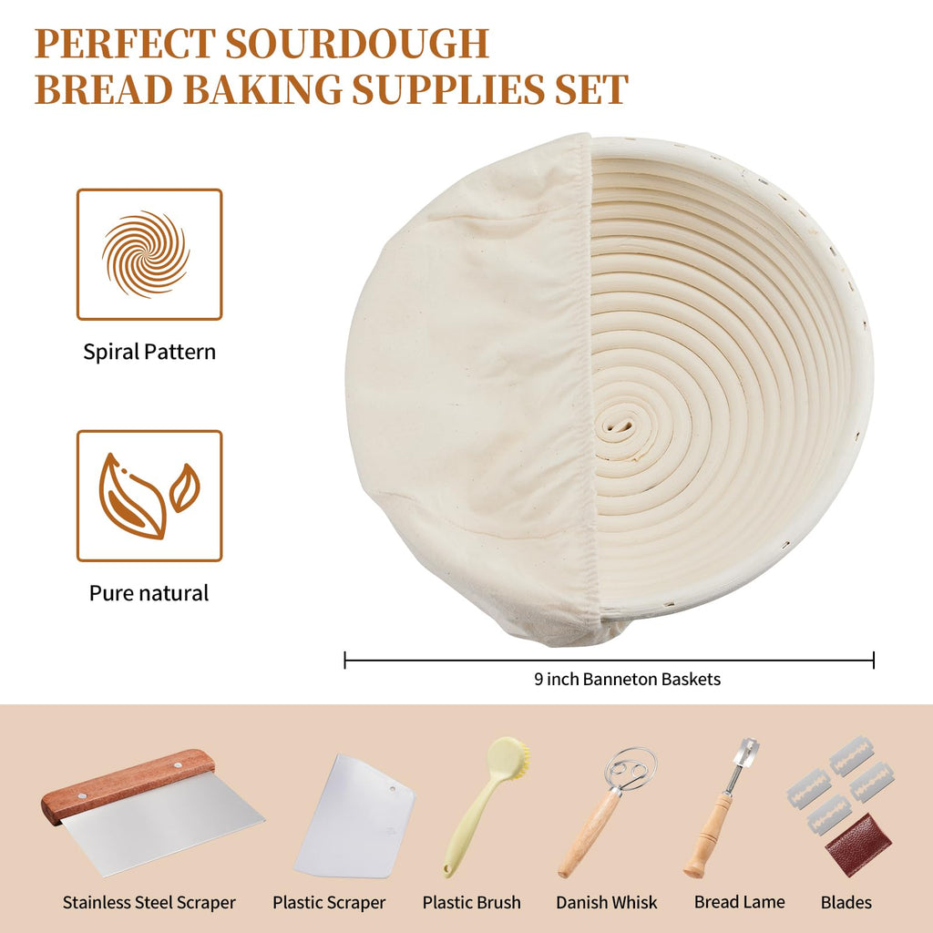 Dimpola Banneton Bread Proofing Basket Banneton Basket Set Sourdough Proofing Basket Round Proofing Bowls Handmade Rattan Baskets and Liners (Round of 1 Gift Set)