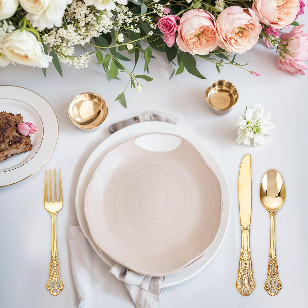 Joyido 40PCS Gold Plastic Silverware - Heavy Duty Elegant Disposable Utensils - Gold Plastic Cutlery Set Includes 20 Forks, 10 Spoons, 10 Knives for Dinner, Parties, Weddings