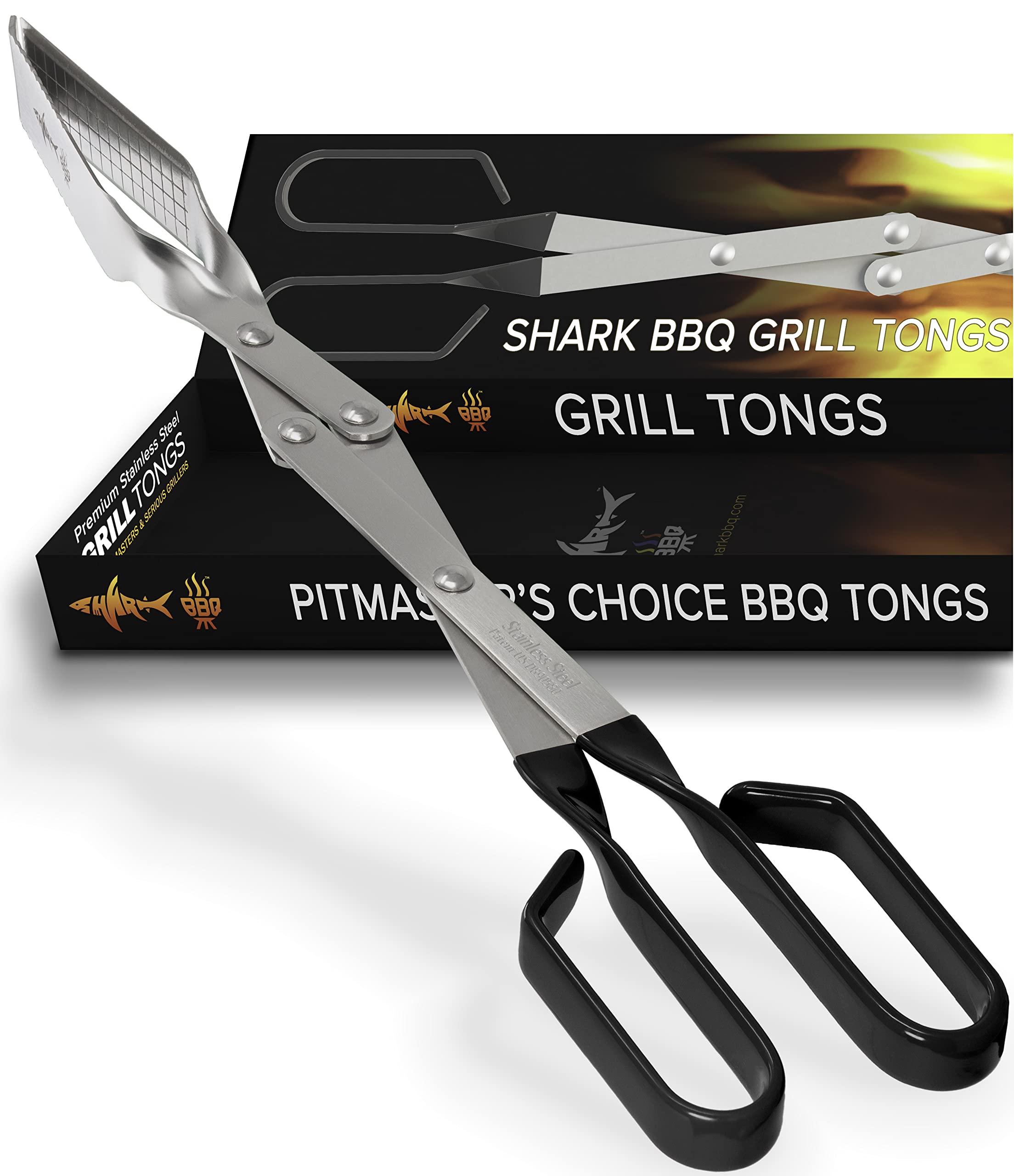 Shark BBQ Tongs for Steaks, 2-Pack 17" & 13" Professional Kitchen and Outdoor Grilling Utensil Set, by Shark BBQ Grill Tongs -(Black)