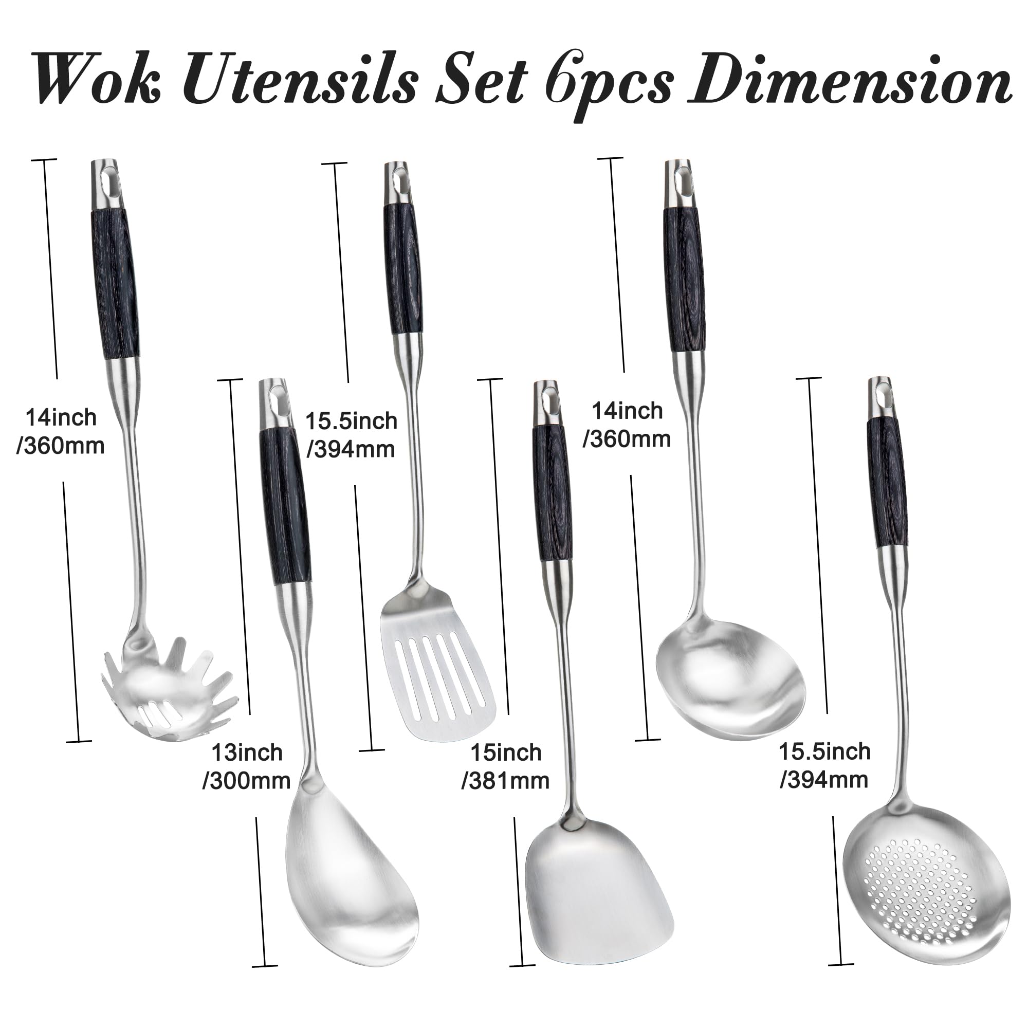 FJNATINH Stainless Steel Kitchen Utensils, Set of 6 Cooking Tools with Wooden Handle, Wok Spatula, Soup Ladle, Skimmer Spoon, Slotted Spatula Turner, Spaghetti Server, Solid Spoon