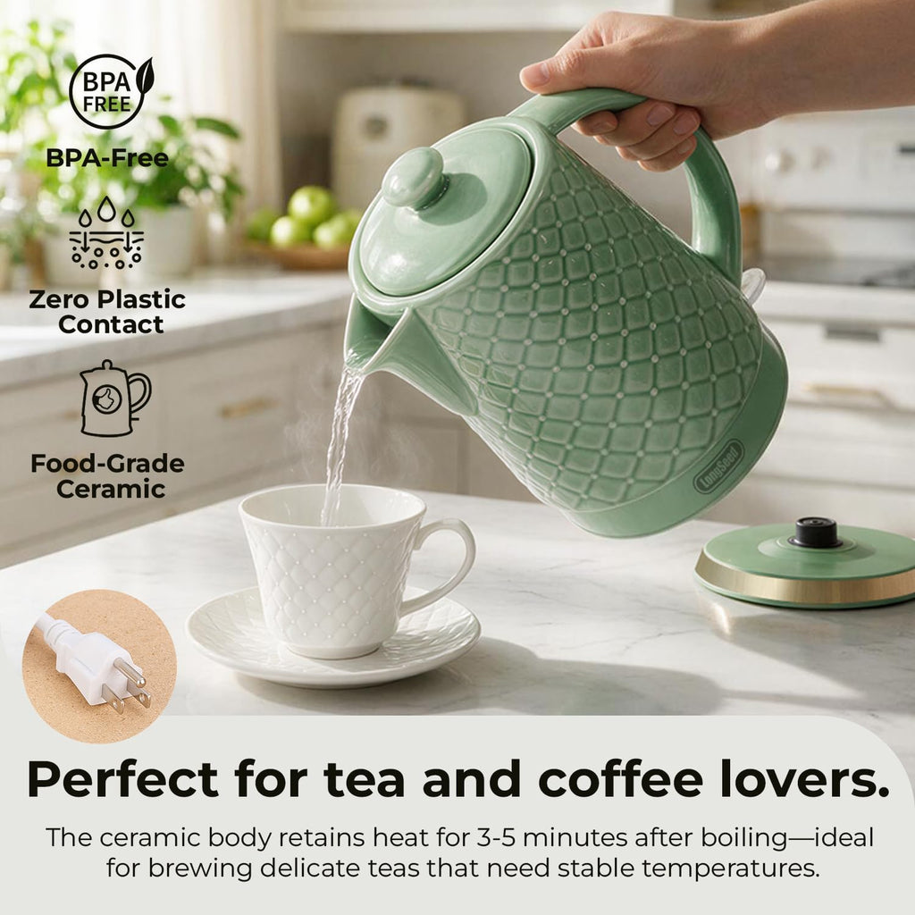 LONGSEED 1.5L Ceramic Electric Kettle, 1200W Fast Boil Retro Tea Pot with LED Light, BPA-Free Porcelain Cordless Water Boiler, Auto Shut-Off & Boil-Dry Protection, Green Relief Carving