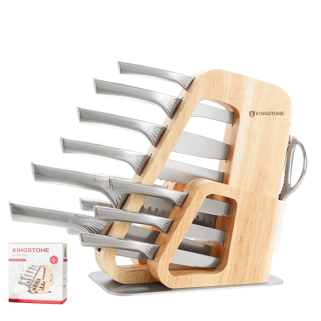 KINGSTONE Kitchen Knife Set with Block, 14 Pcs German Stainless Steel Knife Set with Built-in Sharpener, Dishwasher Safe Knife Block Set(natural, 14pcs)