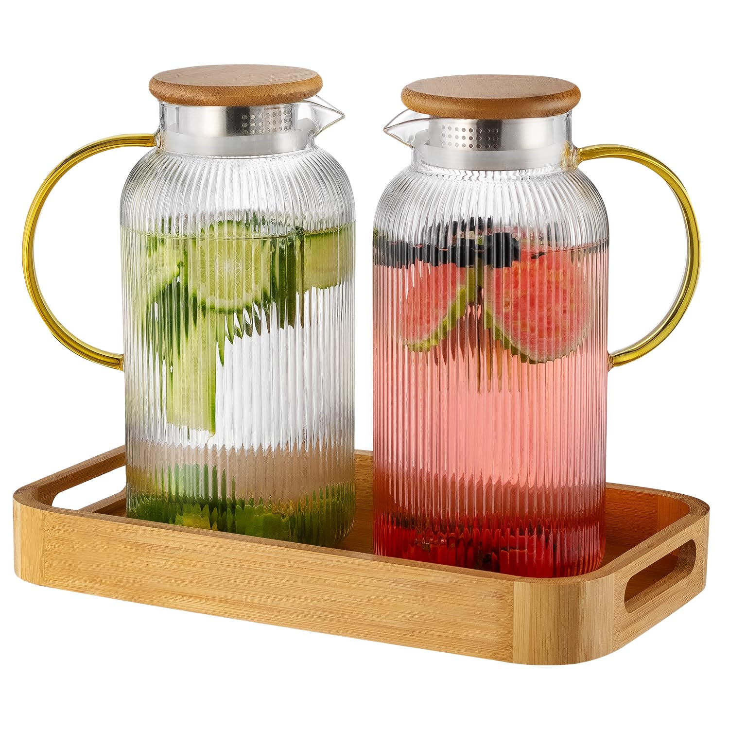Buaic Glass Pitcher with Lid, 2 PACK 68 oz/2 Liter Vertical Water Pitcher With Serving Tray, Clear Borosilicate Glass Water Carafe for Cold Brew, Coffee, Lemonade, Iced Sun Tea,Beverage,Heat Resistant