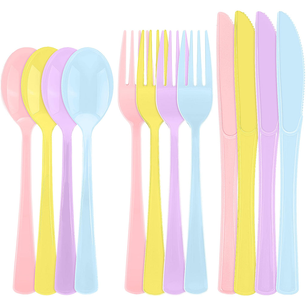Kochorie 300 Pieces Light Pink Plastic Silverware with Spoons Forks Knives
