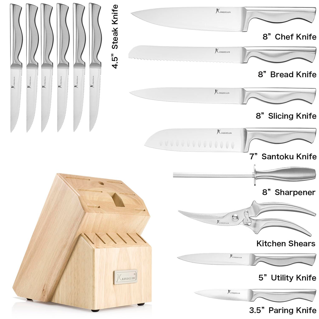 KANGDELUN 15‑Pc Kitchen Knife Set w/Block & Sharpener, Ultra Sharp 50Cr15MoV High Carbon Stainless Steel Blades, Ergonomic Anti‑Slip Handles, Angled Wood Block, Chef Knife, 6 Steak Knives & Shears