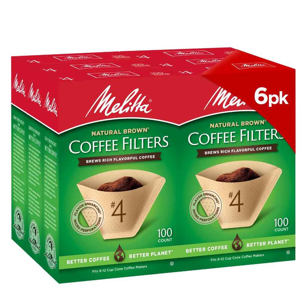Melitta #4 Unbleached Coffee Filters, Premium, Natural Brown, Flavor Enhancing Coffee Filters for 8-12 Cup Coffee Makers, Kosher Certified, Compostable, 100 Count (Pack of 6)