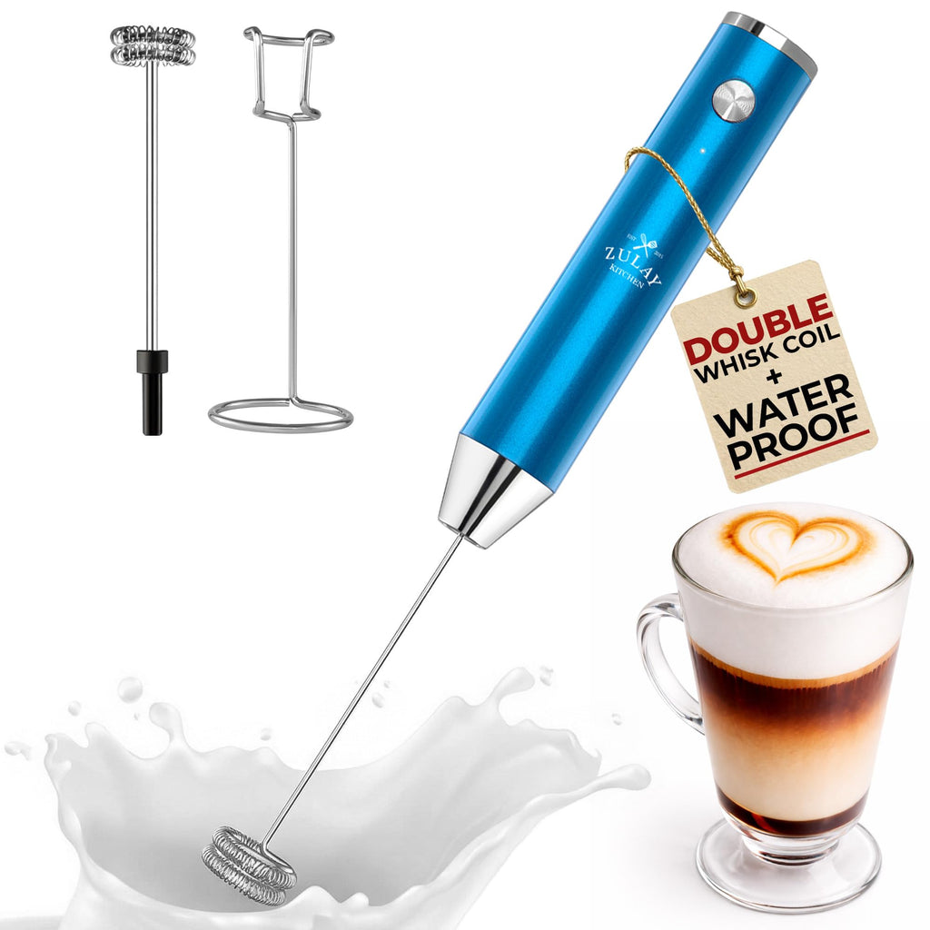 Zulay Kitchen Powerful Milk Frother Wand With Duracell Batteries - Ultra Fast Handheld Drink Mixer - Electric Whisk Foam Maker for Coffee, Lattes, Cappuccino & Matcha - Z1 Motor - Aqua
