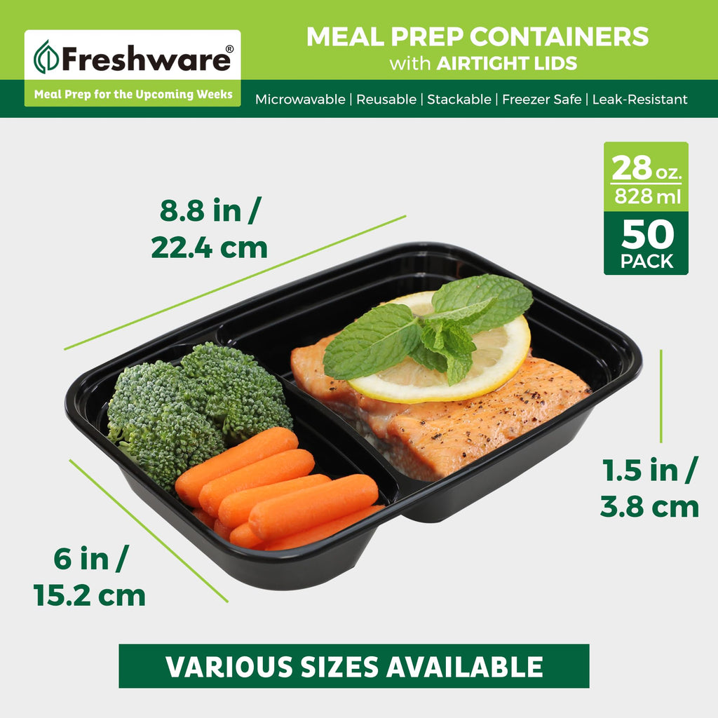 Freshware Meal Prep Containers with Lids 28 oz [50 Pack] 2-Compartment Food Storage Containers, Bento Box Lunch Containers, BPA Free, Airtight, Stackable, Reusable, Microwave/Dishwasher/Freezer Safe