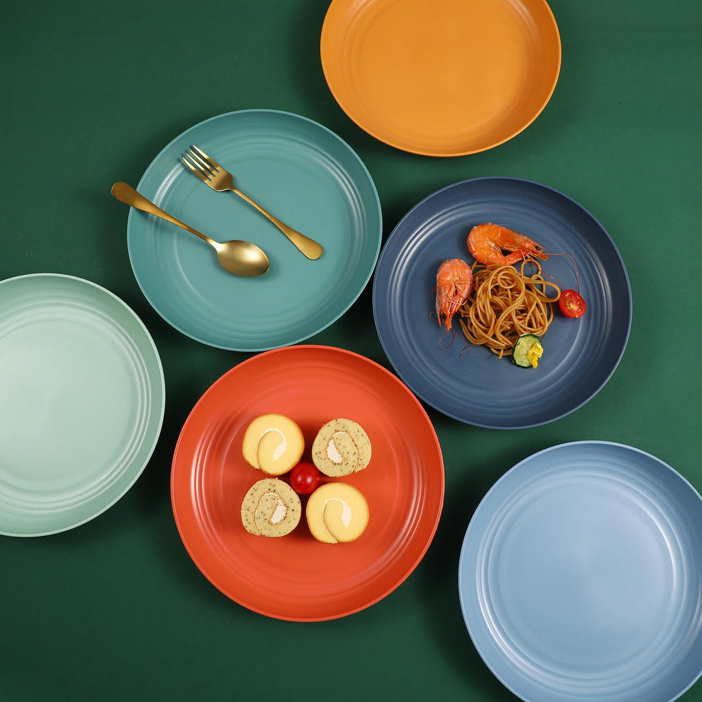HEYCOME 12 Pcs Unbreakable Deep Dinner Plates Set, 9 inch Reusable Plastic Wheat Straw Plates, Microwave and Dishwasher Safe Plate for Kitchen, Lightweight Plate for Dessert, BPA Free, 4 Colors