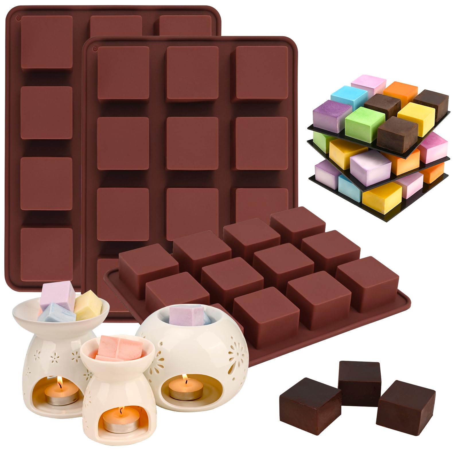Wax Melts Molds Silicone, 3 Pcs 12-Cavities Square Silicone Mold for Scented Wax Melts, Chocolate Truffles, Candy, Jelly, Ice Cube Tray