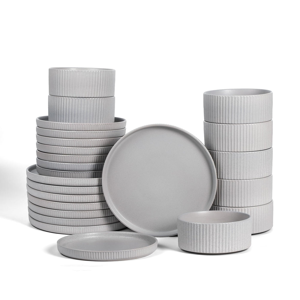 Stone Lain Haven Stoneware 32-Piece Dinnerware Set, Plates and Bowls Sets for 8, Grey Dish Set, Includes Dinner and Salad Plates, Cereal Bowls, Glassware, Microwave & Dishwasher Safe