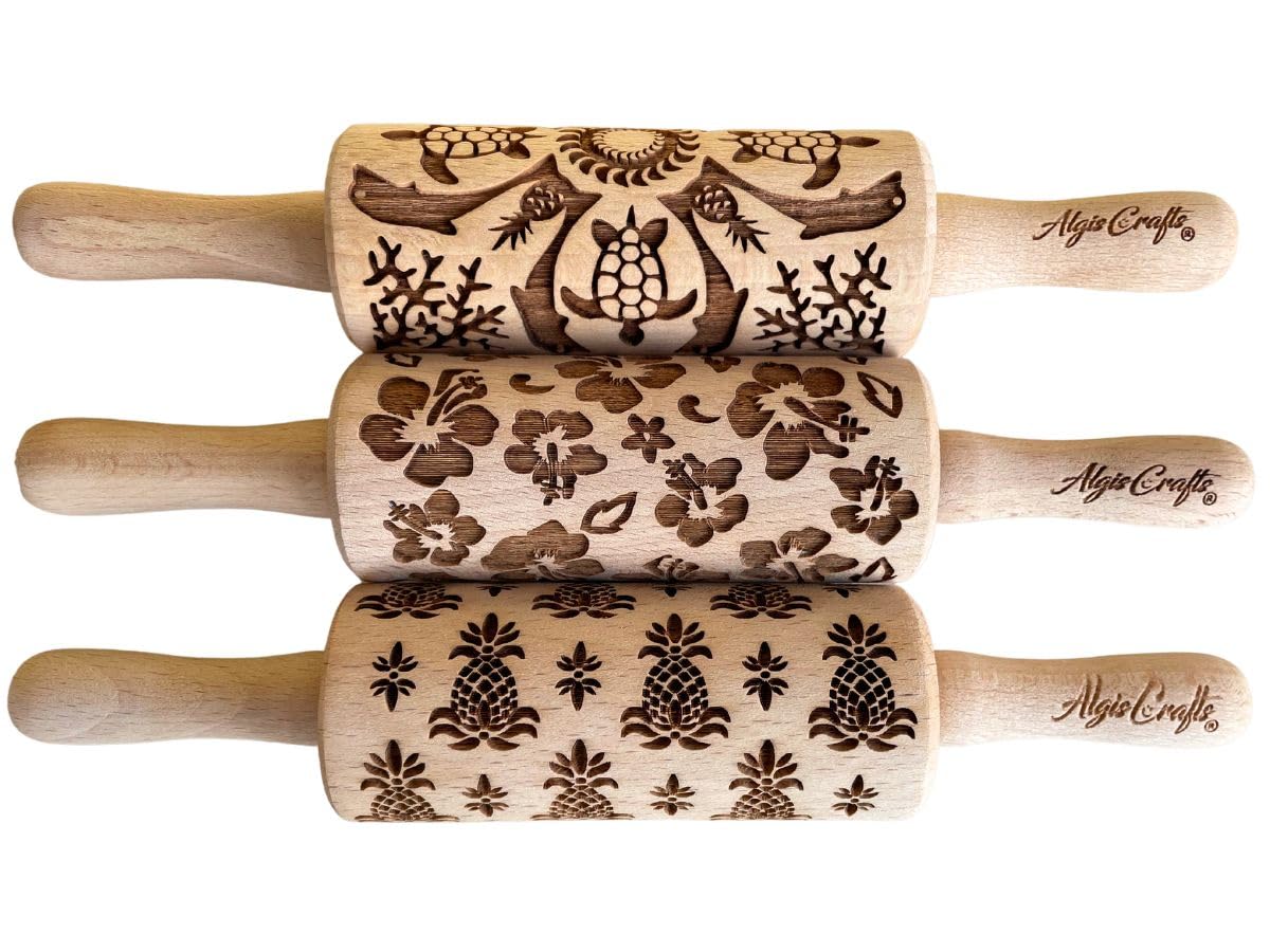 SEASONS 3 Mini Embossed Rolling Pin Set. Wooden Laser Cut Mini Rolling Pins for cookies or clay with spring flowers, tulips, daffodils, strawberries, raspberries, birch, trees by Algis Crafts