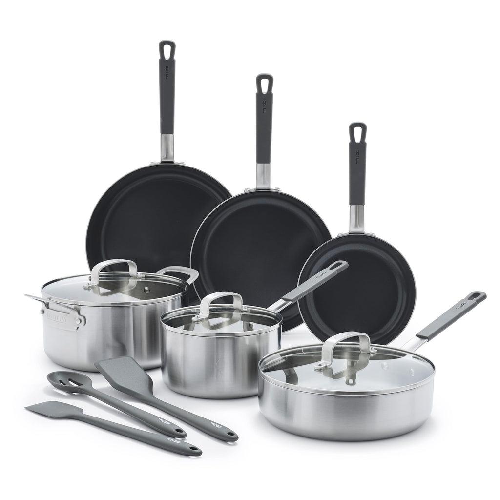 GreenPan x Bobby Flay Stainless Steel 12 Piece Cookware Pots & Pans Set, Professional Grade Tri-Ply, Multiclad, PFAS-Free Ceramic Nonstick, Induction Suitable, Dishwasher & Oven Safe,Stay Cool Handles