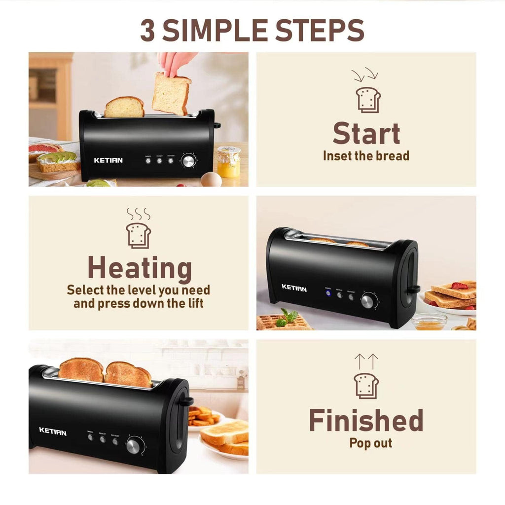 Long Slot Toaster 2 Slice,Cancel Reheat Defrost Functions,Removable Crumb Tray,6 Browning Settings,Extra Wide Long Slots,Stainless Steel,Black