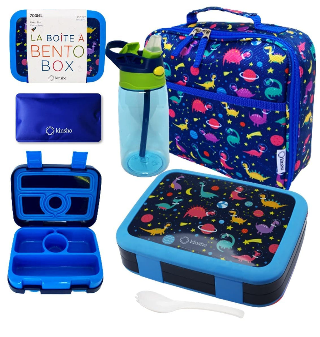 kinsho Bento Lunch Box with Insulated Bag and Water Bottle Set for Kids Toddlers, 4 Portion Sections, Removable Tray, Pre-School Girl Toddler Daycare Lunches, Snack Container, Pink Unicorn