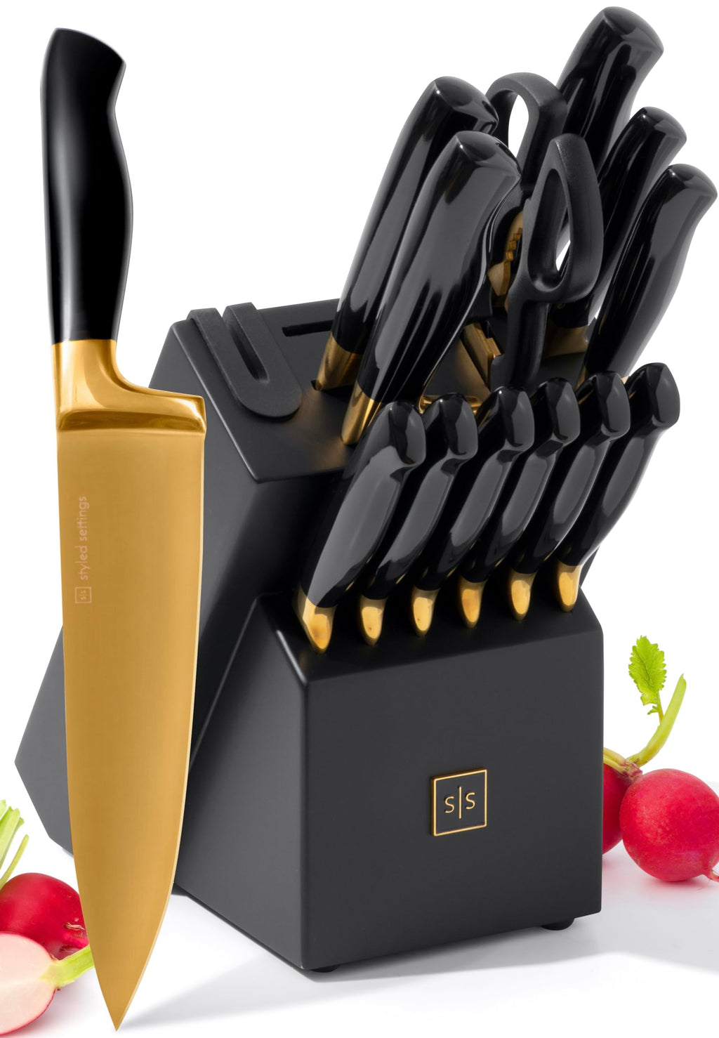 Styled Settings Black and Gold Knife Set with Block and Sharpener, 14-Piece