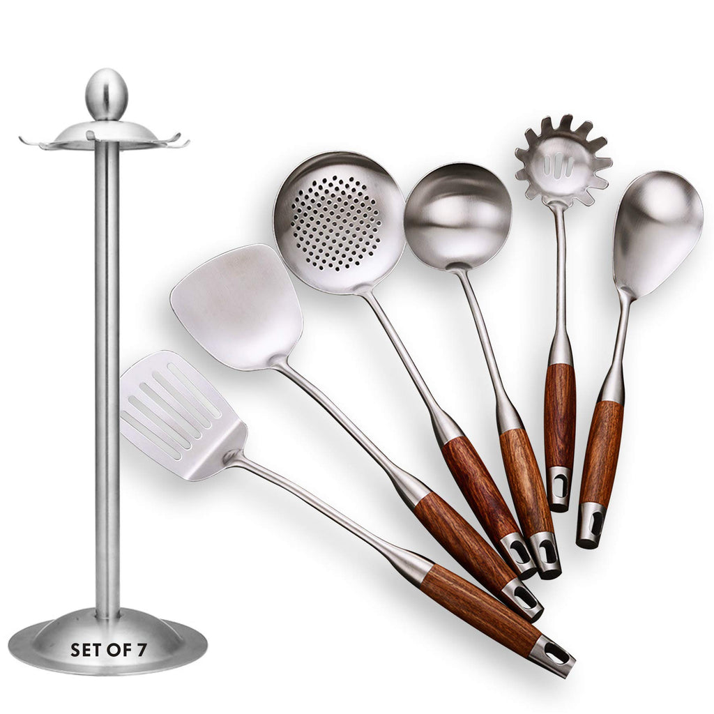 Spaghetti Spoon,304 Stainless Steel Pasta Spoon,Wooden Handle,14.2Inch
