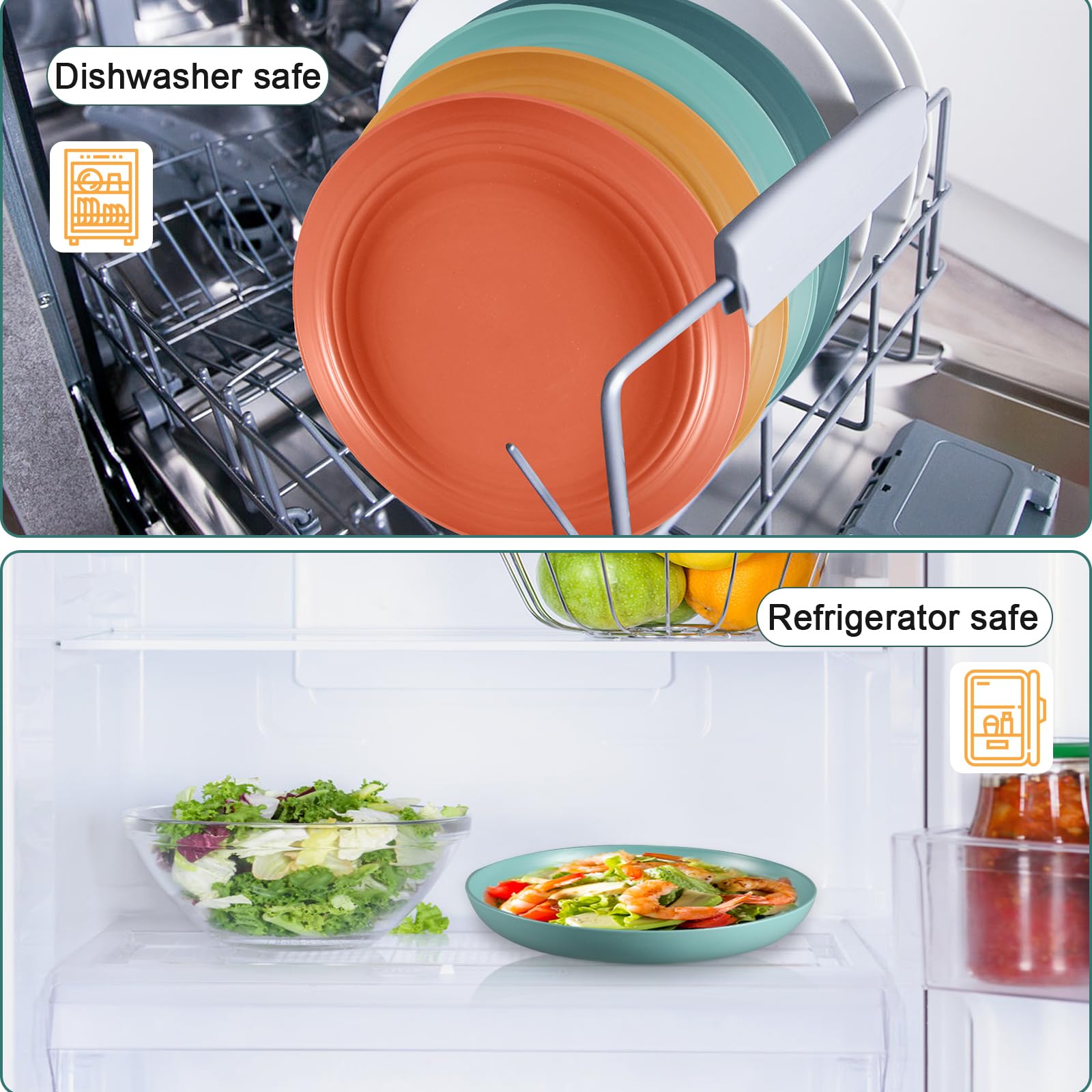 HEYCOME 12 Pcs Unbreakable Deep Dinner Plates Set, 10 inch Reusable Plastic Wheat Straw Plates, Microwave and Dishwasher Safe Plate for Kitchen, Lightweight Plate for Dessert, BPA Free, Dark Green
