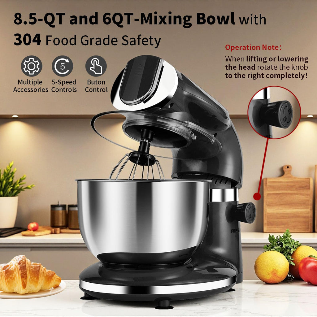 Stand Mixer, 8.5QT+ 6QT Two Stainless Steel Bowls Electric Food Mixer Black