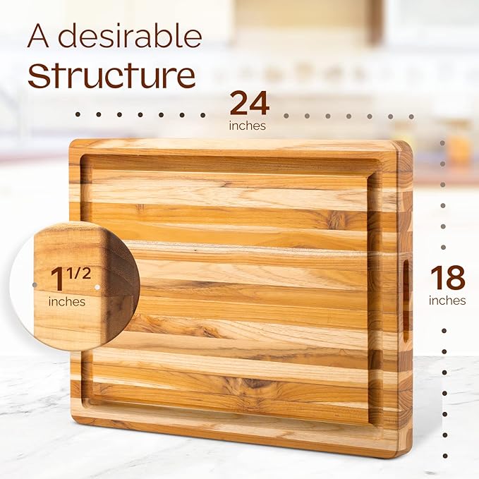 Yes4All Solid Teak Cutting Boards for Kitchen, [24''Lx18''Wx1.5”Thick] Extra Large Edge Grain Butcher Block Cutting Board, Food Safe Surface Wood Cutting Boards with Juice Grooves and Easy Grip Handle