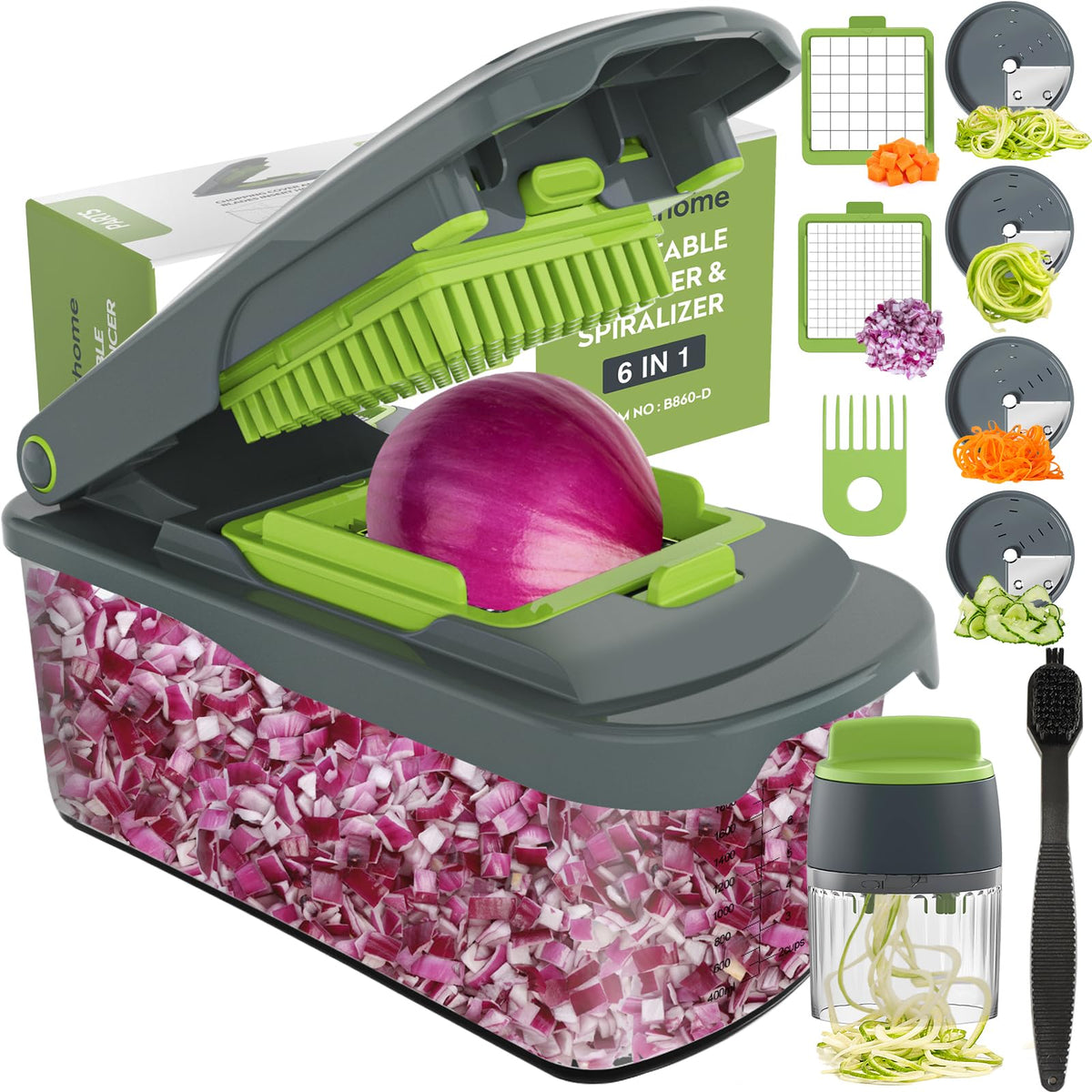 Ourokhome Onion Chopper Dicer with Container, Manual Food Cutter with Handheld Veggie Spiral, Hand Vegetable Mandolin slicer for Potato, Tomato, Carrot, Essential Kitchen Gadget (6 in 1, Gray)