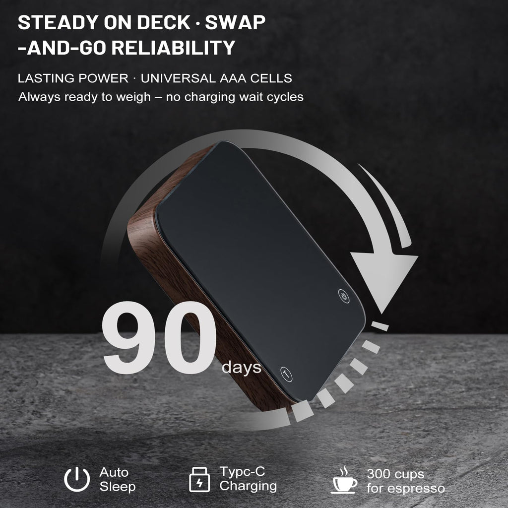 KitchenTour CaféMetric Coffee Scale with Timer 0.1g/2000g - Precision Small Scale for Espresso & Pour Over - Mini Scale with LED Display Recharge Wood