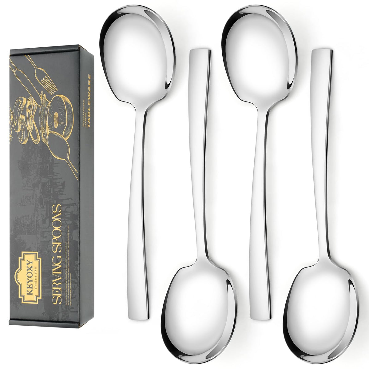 Keyoxy 4 Piece Serving Spoons Set,9.2-Inch Includes 2 Large, 2 Slotted