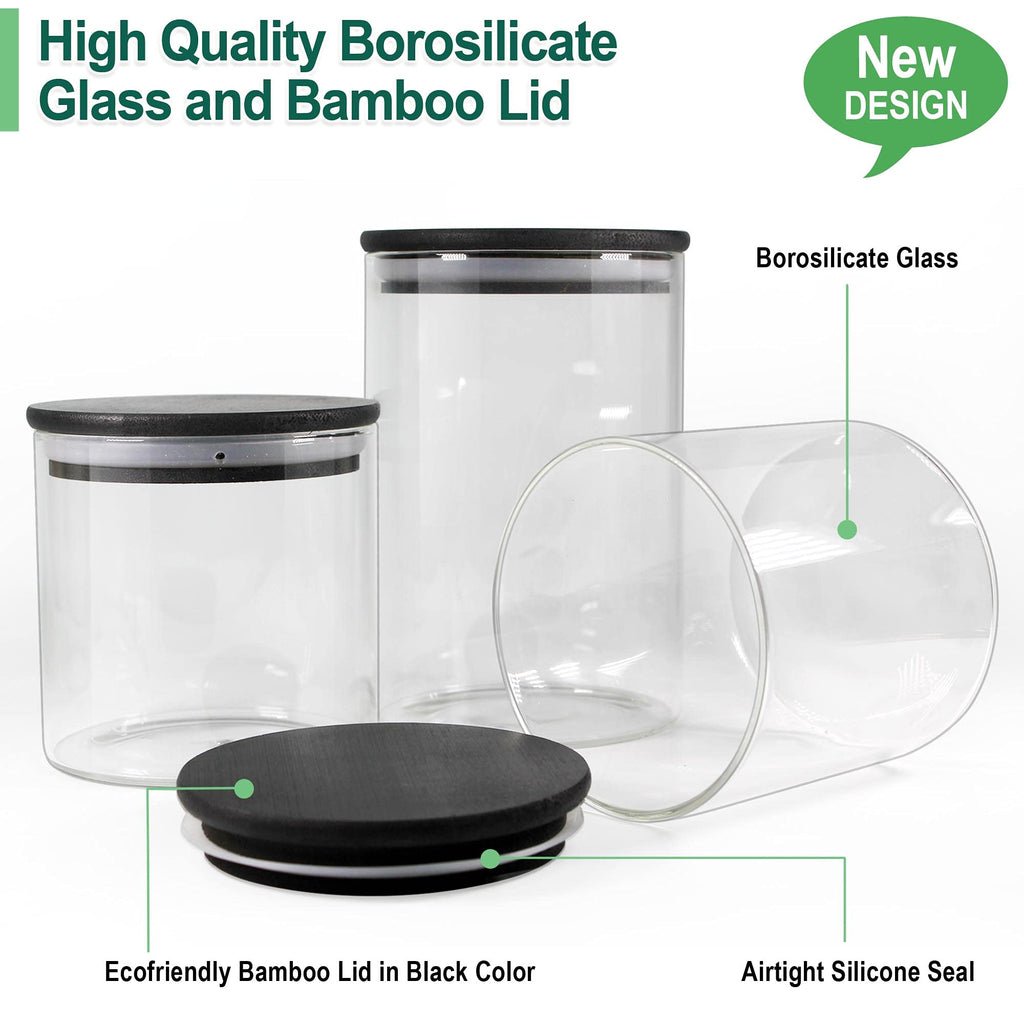Urban Green Glass Jars with Black Bamboo Lids, Food Storage Containers with Airtight Black Lids, Glass Kitchen Canisters Sets (3 pack of 20oz + 3 pack of 30oz)