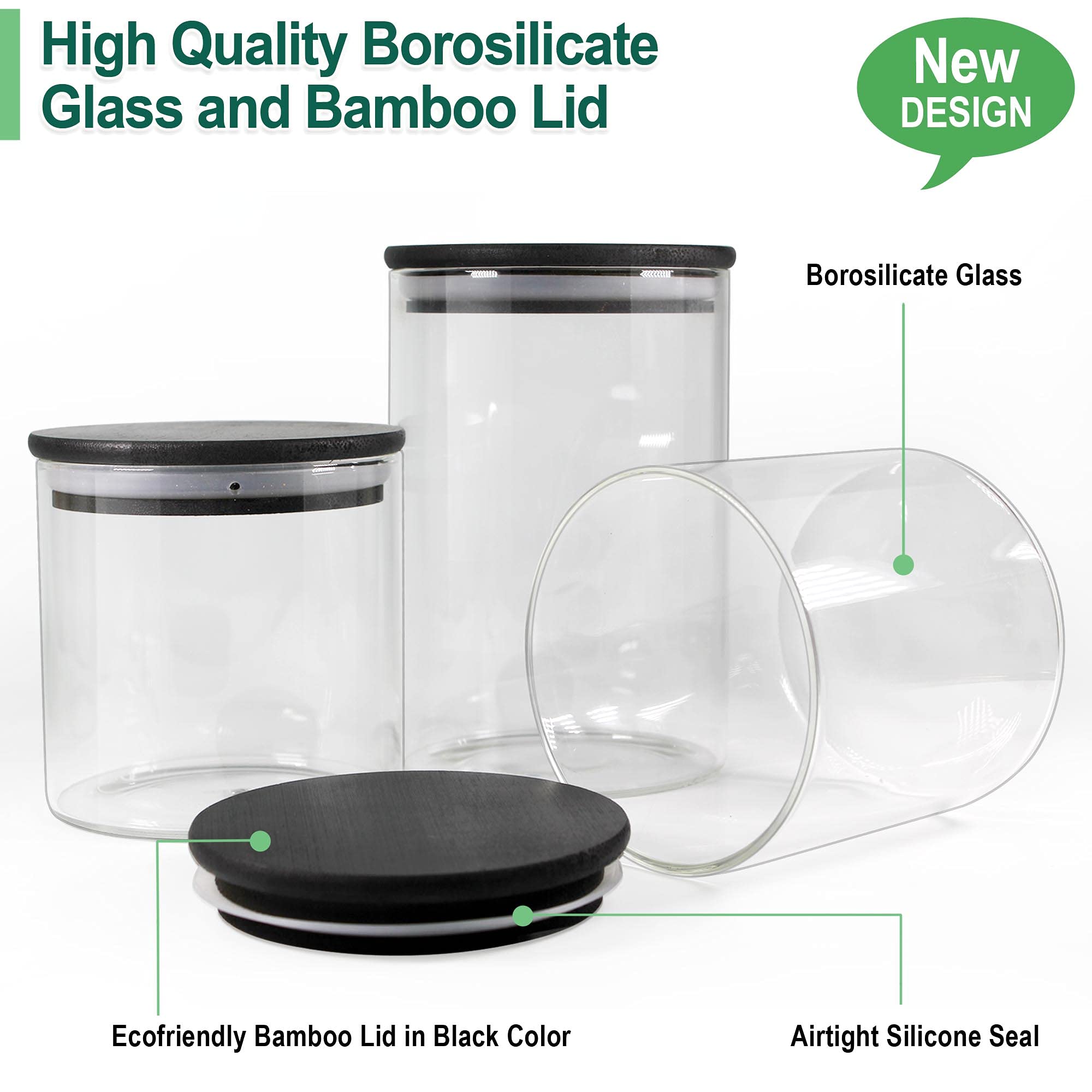 Urban Green Glass Jars with Black Bamboo Lids, Food Storage Containers with Airtight Black Lids, Glass Kitchen Canisters Sets (3 pack of 20oz + 3 pack of 30oz)