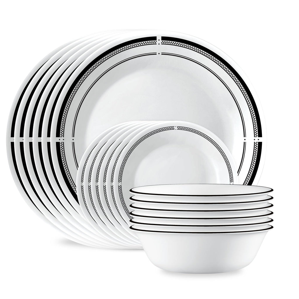 Corelle Vitrelle 18-Piece Service for 6 Dinnerware Set Triple Layer Glass and Chip Resistant, Lightweight Round Plates and Bowls Set, City Block