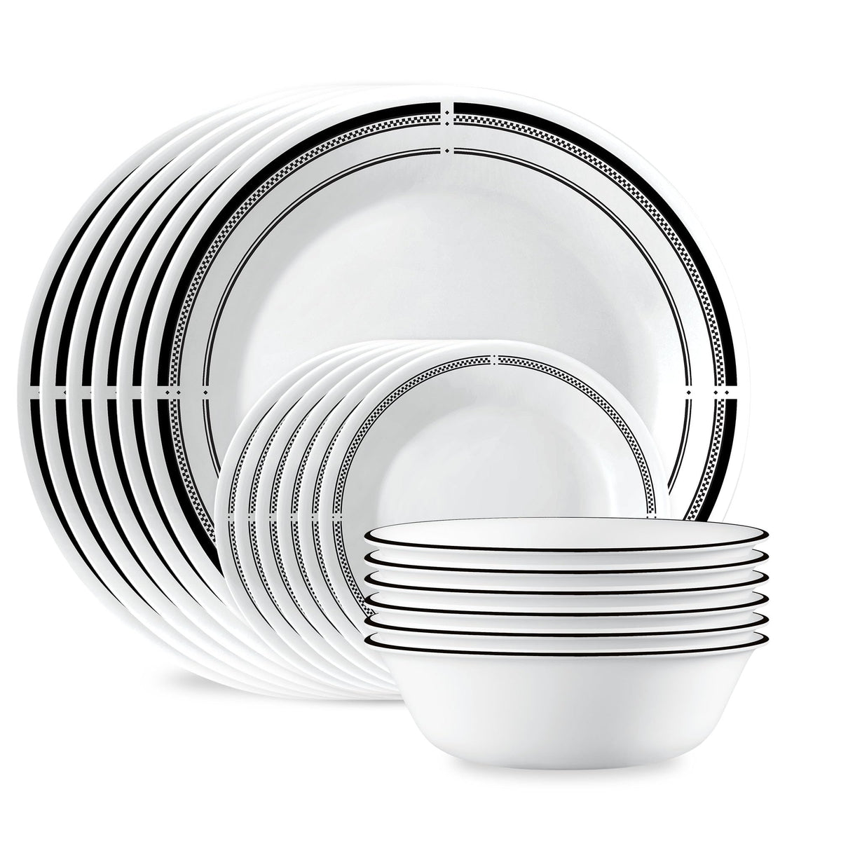 Corelle Vitrelle 18-Piece Service for 6 Dinnerware Set Triple Layer Glass and Chip Resistant, Lightweight Round Plates and Bowls Set, City Block