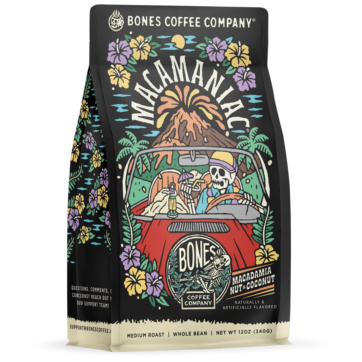 Bones Coffee Company Shark Bite, Buttered Rum Flavored Coffee, Medium Roast Low Acid Arabica Beans Compatible with Auto drip and French Press Coffee Maker, 12 Oz Whole Bean