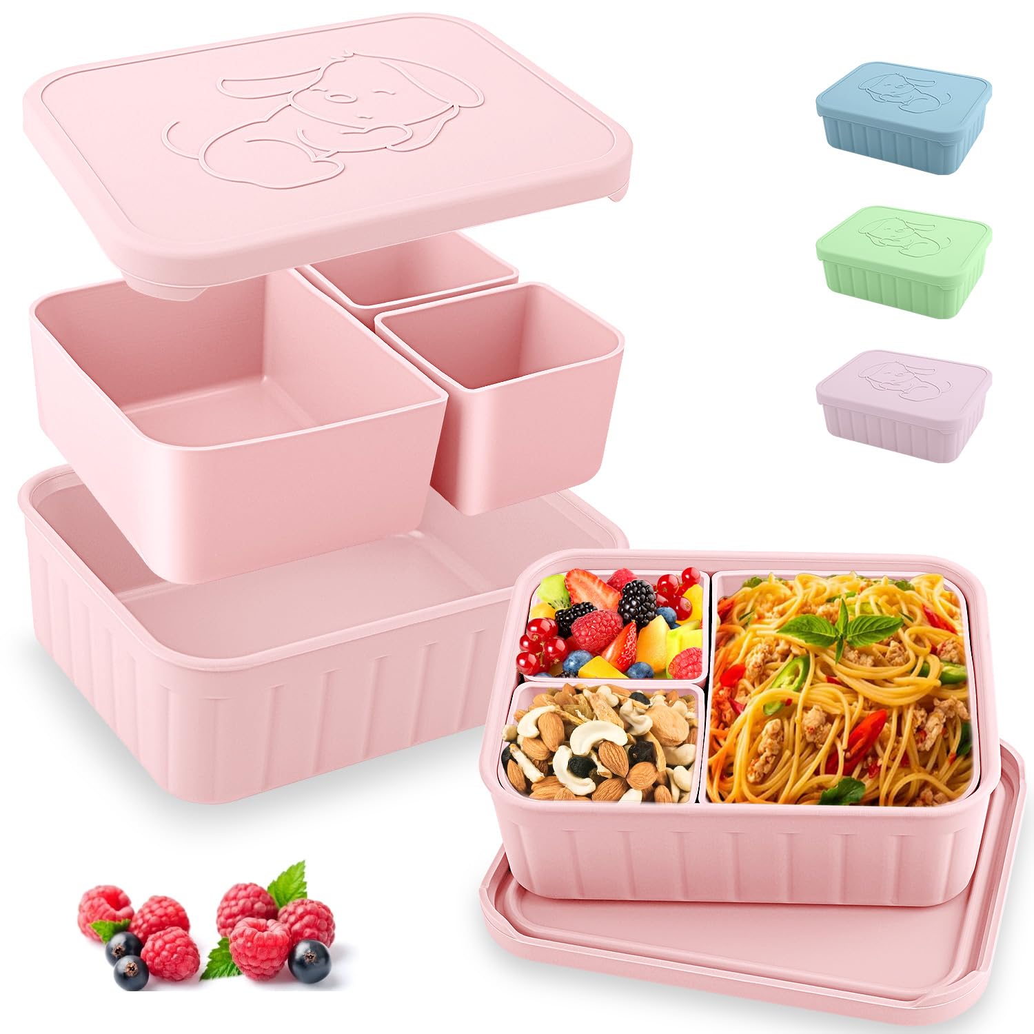 Bento Lunch Box for Kids-Reusable Silicone Kids Bento Box Lunch Container Leakproof Lunchbox Meal Prep Food Storage Containers with 3 Removable Compartments–Dishwasher Safe/BPA Free/Portion Control
