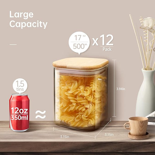 17 oz Square Glass Food Storage Containers with Airtight Bamboo Lids 12Pack