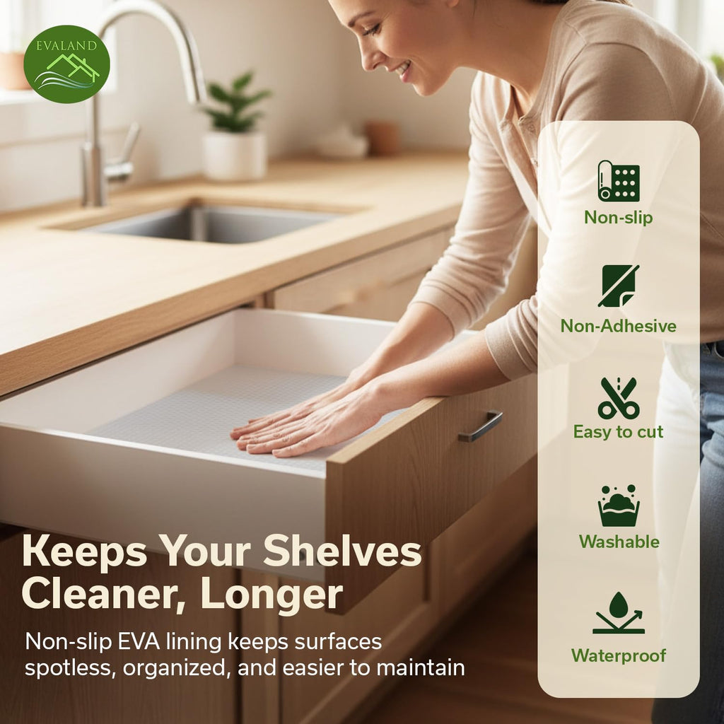 EVALAND Shelf Liners for Kitchen Cabinets Non-Adhesive 12" x 20 FT Clear Drawer Liner Non Slip, Washable Cabinet Liner, Waterproof Shelf Liners for Cabinets, Refrigerator Bathroom Pantry Cabinet Mat